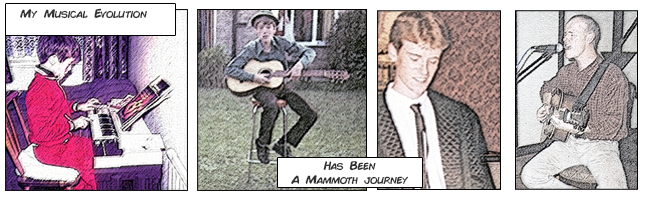 Picture showing musical
evolution of David Mackin. As a small boy playing the piano,
guitar and then as a young adult at a gig.
