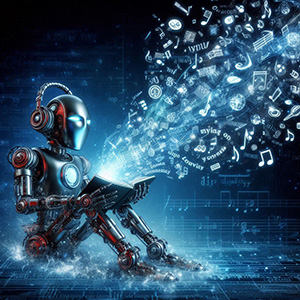 a digital bot pouring out music notes words nd images