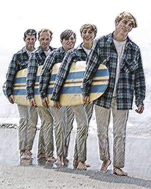 sketch of Beach Boys band carrying a surf board