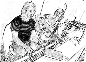 Pencil drawing of Benny and Bjorn writing a song