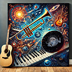 artwork of a musical canvas showing trumpet, guitar and piano