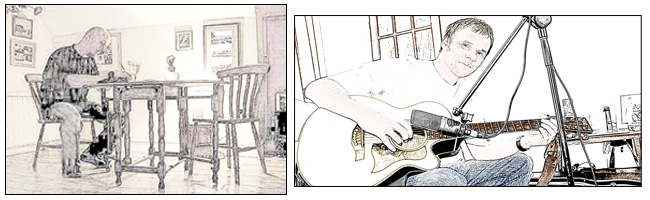 Picture showing David
Mackin writing at the desk and a picture of Ian Erving
playing his guitar.